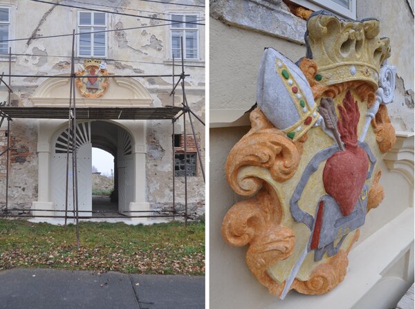 Ždánov, zámek. Obnova portálu a restaurování augustiniánského znaku.