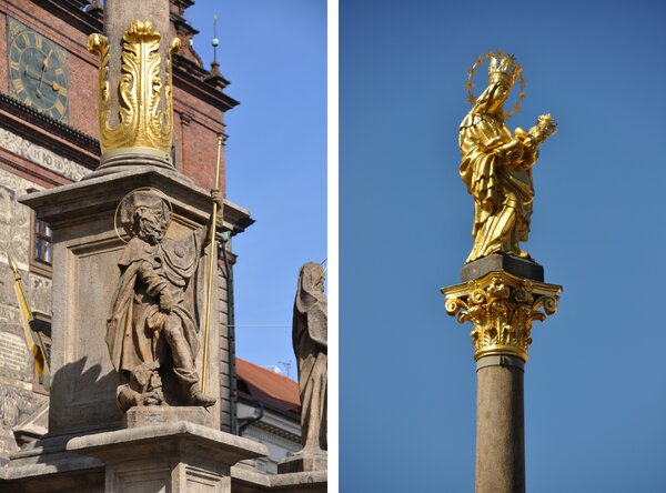 Plzeň, mariánský sloup. Detaily sochařské výzdoby sloupu po restaurování.