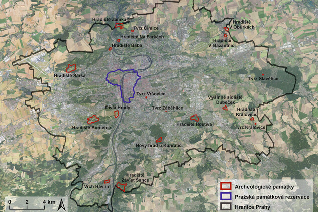 Přehledová mapa kulturních památek archeologické povahy na území Prahy mimo historické jádro (zdroj: ČÚZK, IPR, graficky zpracoval M. Kapic, 2025).